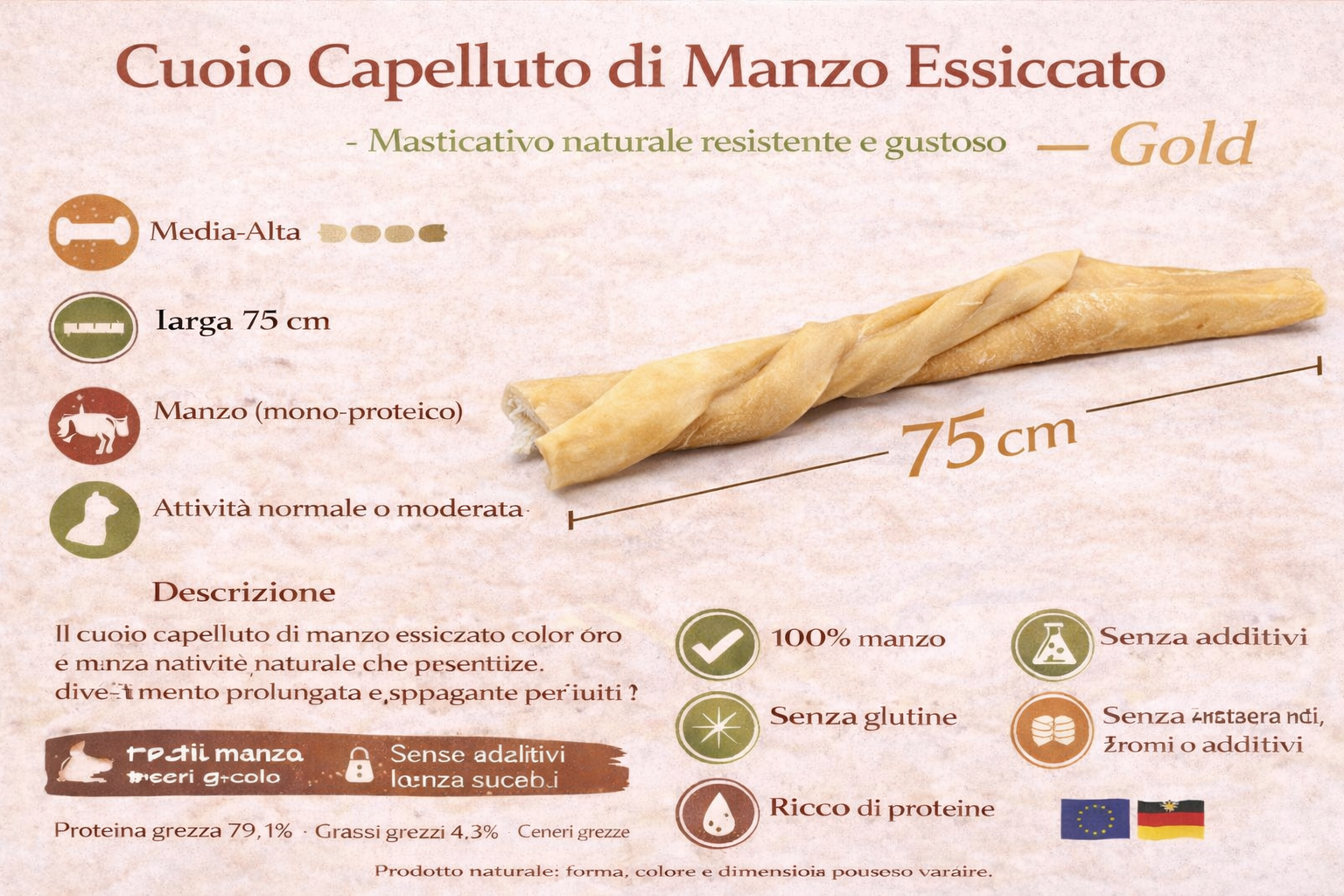 Cuoio Capelluto di Manzo Essiccato – Gold  75CM * 1 PEZZO*  NON DISPOSIBILE CON SPEDIZIONE INPOST