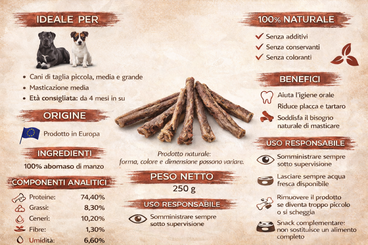Abomaso di Manzo Essiccato per Cani – Confezione 250g